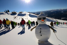 A Smiling Snowman On The Slope With People Skiing In The Background, Generative AI