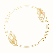 Golden Luxury Frame With Peacock Feathers For Invitation. Template, Vector