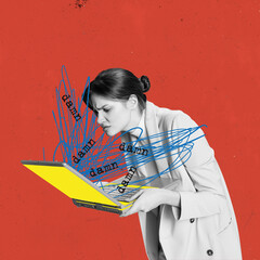 contemporary art collage. conceptual creative design. young woman, employee looking on laptop, worki