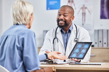 Canvas Print - Doctor, patient and black man with tablet, brain scan or results for disease, explain procedure or healthcare. Medical professional, senior female or woman in office, cure or conversation for surgery