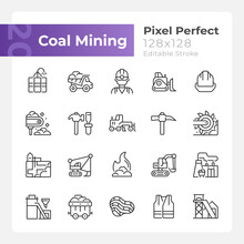 Coal Mining Pixel Perfect Linear Icons Set. Personal Protective Equipment. Heavy Industry. Fossil Fuel. Customizable Thin Line Symbols. Isolated Vector Outline Illustrations. Editable Stroke