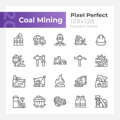 Wall Mural - Coal mining pixel perfect linear icons set. Personal protective equipment. Heavy industry. Fossil fuel. Customizable thin line symbols. Isolated vector outline illustrations. Editable stroke