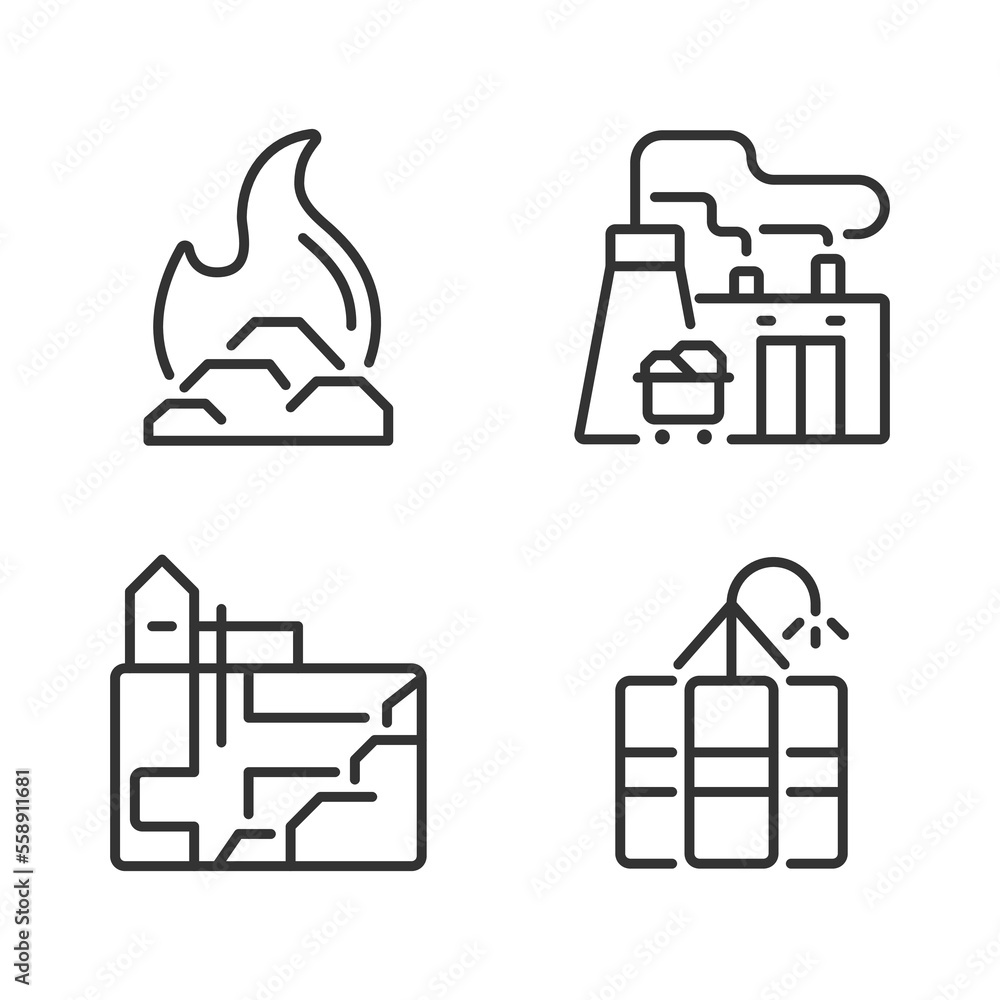 Vector de Stock Coal processing pixel perfect linear icons set. Fossil ...
