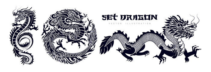 Traditional Chinese Dragon. Set of black asian dragons. Happy Chinese New Year 2024 year of the dragon zodiac sign with asian elements black and white paper cut style. Vector Illustration.