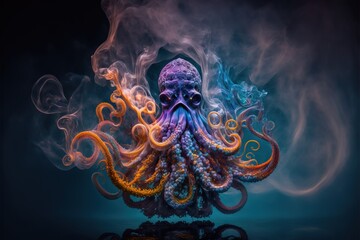  a colorful octopus is surrounded by smoke and water in the dark background, with a black background behind it, and a blue background with a black border, and white border, and orange., generative ai