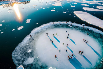 Wall Mural - People ice skating on a stunning, crystal clear frozen lake, drone view, Generative AI