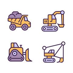 Poster - Mining vehicles pixel perfect RGB color icons set. Heavy equipment. Coal mining industry. Excavator, bulldozer. Isolated vector illustrations. Simple filled line drawings collection. Editable stroke