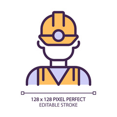 Sticker - Miner pixel perfect RGB color icon. Manual labour. Coal mining industry employee. Uniform and protective equipment. Isolated vector illustration. Simple filled line drawing. Editable stroke