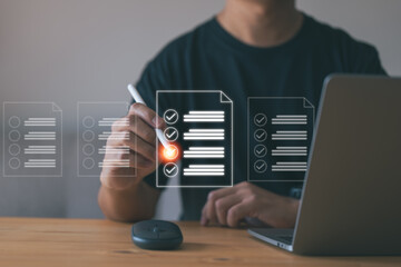 Leinwandbilder - Concept of an online database and document management system. In order to manage files effectively, Check list by laptop computer