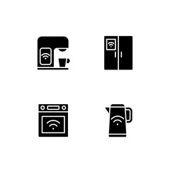 Sticker - Smart kitchen appliances black glyph icons set on white space. Devices for meal preparation. Smart home technology. Silhouette symbols. Solid pictogram pack. Vector isolated illustration