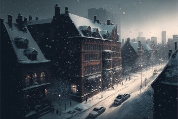 Wall Mural - a snowy city street with cars driving down it and buildings in the background with snow falling on the ground and a few cars driving down the street in front of the street.