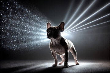 Sticker - Pug dog in the beams of spotlights. AI generated