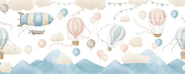 baby wallpaper with hot air balloons and clouds. hand drawn watercolor seamless pattern for children