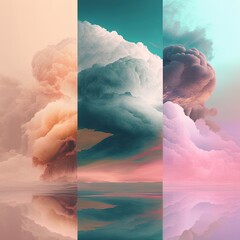 Wall Mural - a series of four images with different clouds in the sky and water below them.
