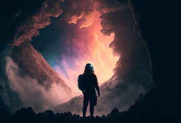 Wall Mural - silhouette of a futuristic astronaut looking out into outer space. generative ai