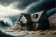 A Painting Of A House On A Stormy Day With A Large Wave Crashing Over It And A Storm Coming In From The Ocean Behind It.