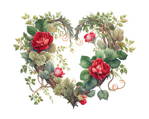 Romantic heart vignette made of vintage flowers and leaves of roses in gentle retro style watercolor painting generative AI art	