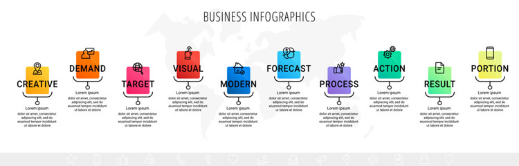 Vector line infographics with 10 rectangles. Business concept graphic process template with ten steps and labels. Graphic timeline for step by step, app, website, chart, web, diagram, presentations