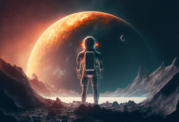 Wall Mural - an astronaut standing on the moon looking at a large earth like planet. generative ai