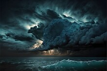A Storm Is Coming Over The Ocean With A Boat In The Water Below It And A Sky Filled With Clouds Above It And A Boat In The Water Below It. Generative AI
