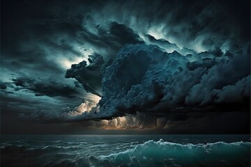 Wall Mural - a storm is coming over the ocean with a boat in the water below it and a sky filled with clouds abov