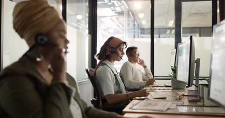 Leinwandbilder - Business, team and consultant for customer service, call center and talking in office. Telemarketing, black woman and agents with headsets, discussion and help for support, computer and consulting.