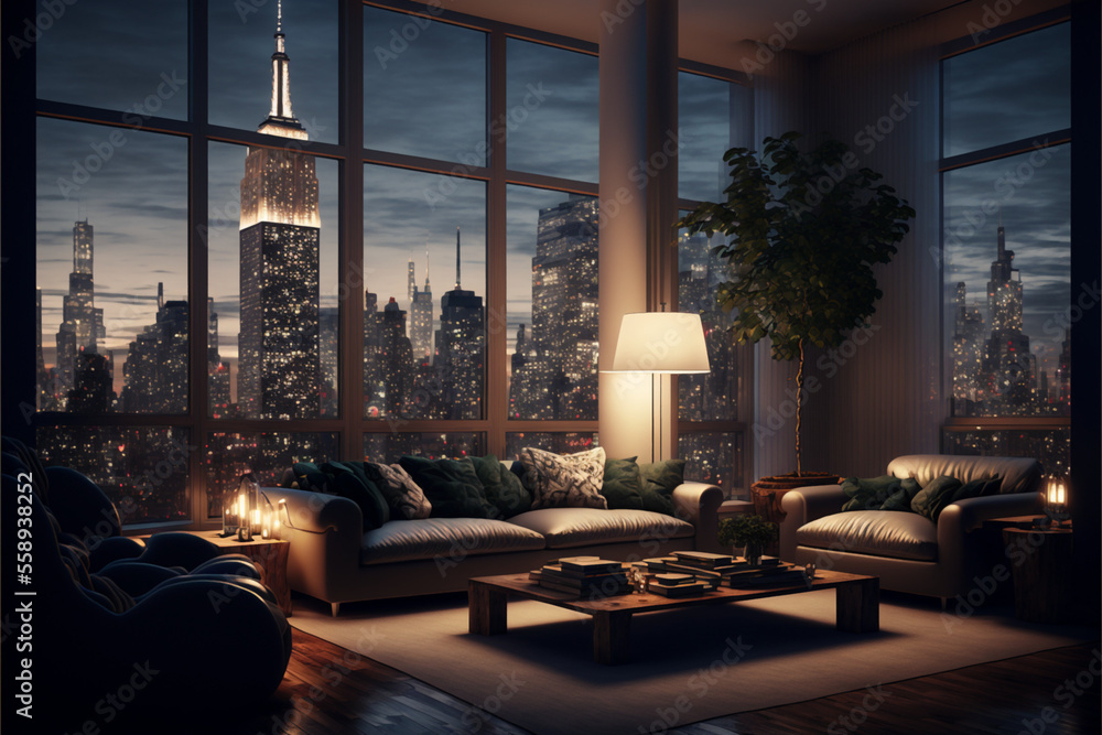 Penthouse Living Room, Luxury Apartment with Skyline City View ...