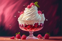 A Painting Of A Dessert With Whipped Cream And Strawberries On The Table With A Pink Background And A Pink Backdrop With A Pink Backdrop With A Pink Hued Area. Generative AI