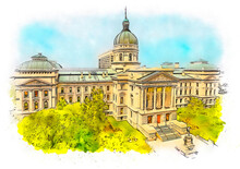 Indiana State Capitol ,watercolor Sketch Illustration