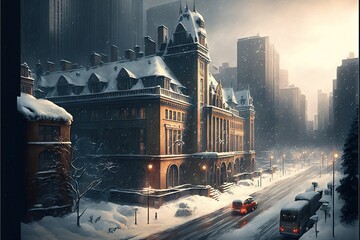 Wall Mural - a painting of a snowy city street with a bus and buildings in the background and a bus driving by on the road in the foreground.