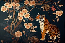 Asian Tiger Wallpaper Painted In A Japanese Style