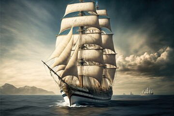 Wall Mural - a large sailboat sailing in the ocean with a sky background and a mountain in the distance with clouds in the sky and a sailboat in the foreground.