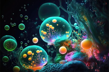 Neon underwater world coral jellyfish seaweed and bubbles. Fantasy Fluorescent aquatic ocean abstract glow in the dark background. Generative AI