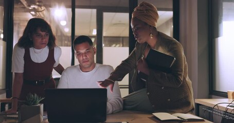 Poster - Laptop, tablet and business people teamwork on night project, digital finance portfolio or feedback review of stock market research. Financial economy, investment collaboration and trader trading nft