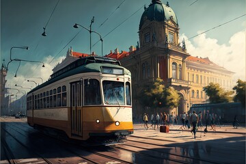 Poster - a yellow trolley car traveling down a street next to tall buildings and a clock tower in the background with people walking on the sidewalk below it