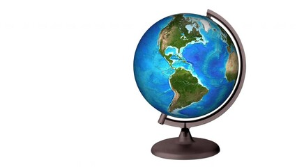 Wall Mural - 3d animation of the earth globe rotating. Planet earth model spinning on base isolated on white background.Alpha channel.3d rendering.