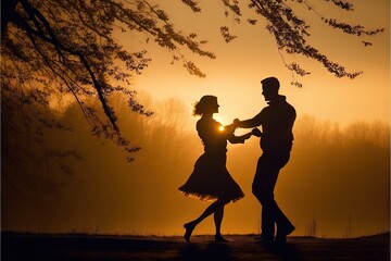 Poster -  a couple dancing in the sunset under a tree with leaves on it and a man holding the hand of the woman's hand, with the sun behind them, in the background, with a tree,. Generative AI