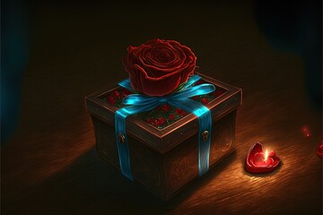 Wall Mural -  a red rose sitting on top of a box with a blue ribbon around it and a candle next to it on a table with a wooden surface with a light and a red rose on it. Generative AI