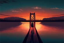  A Person Standing On A Bridge Over A Body Of Water At Sunset Or Sunset Time With A Bridge In The Background And A Person Standing On The Bridge In The Foreground With A Shadow.