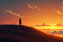  A Person Standing On A Hill At Sunset With A Dog Looking At The Sunset Behind Them And A Person Standing On The Hill Looking At The Sunset Behind Them, With A Dog, And.