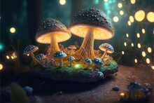  A Group Of Mushrooms That Are On A Table Together In The Dark Night Time, With Lights In The Background And A Glowing Light In The Air Behind Them, And A Glowing Area With.