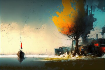 Wall Mural -  a painting of a boat in the water with a yellow sky in the background and a tree in the foreground with a red sailboat in the foreground and a yellow sky with. Generative AI