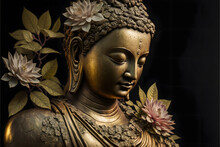 Golden Buddha Statue With Flower, Dark Simple Background, Dark Background, Simple Illustration Digital Generative Ai Design Art Style