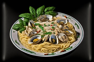 a plate of pasta with clams and peas on a table with a fork and a napkin with a napkin on it and a spoon next to it and a fork on a cloth with a napkin