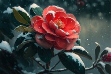  A Red Flower With Green Leaves And Snow On It's Branches And A Dark Background With Snow Falling On It And A Green Leafy Branch With Red Flowers And Green Leaves And Snowing.