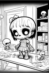 Sticker -  a cartoon girl and a skeleton in a room with a table full of skulls and a bookcase full of books and books and a bookcase with books and a skeleton on the table. Generative AI