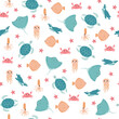Vector seamless pattern with devilfish,crab,jellyfish,flounder,squid,penguin.Underwater cartoon creatures.Marine background.Cute ocean pattern for fabric, childrens clothing,textiles,wrapping paper
