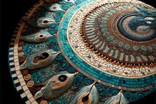A Circular Table With A Peacock Design On It's Surface And A Clock On Top Of It's Side. Generative AI