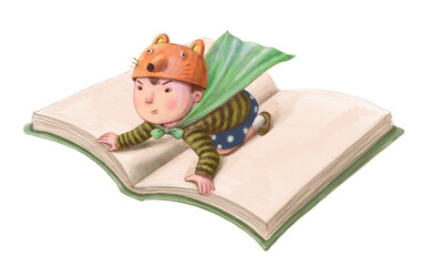 A boy ridind a flying book. Reading, learning and education concept. kid watercolor painting illustration, dream of child.