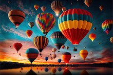  A Group Of Hot Air Balloons Flying Over A Lake At Sunset Or Sunrise With A Reflection In The Water And A Colorful Sky With Clouds And A Few Other Balloons Floating In The Air Above.